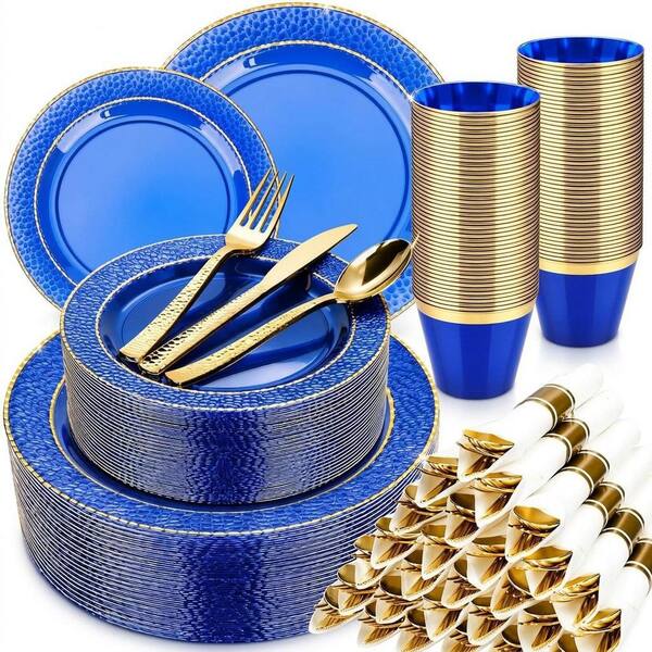 350-Piece Clear and Blue Disposable Dinnerware Set for 50 Guests with Pre-Rolled Napkins and Gold Silverware