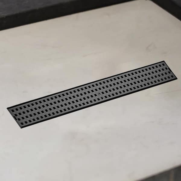 27.9 in. Linear Grid Shower Drain with Leveling Feet and Flange in Matte Black