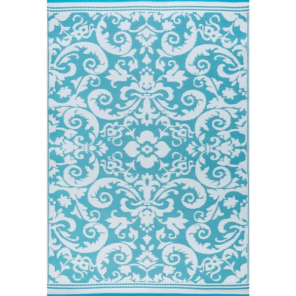 Tayse Rugs Sunset Scroll Aqua 9 ft. x 12 ft. Indoor/Outdoor Area Rug