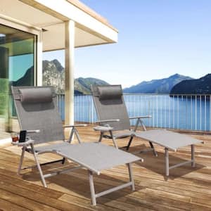 2-Piece Grey Aluminum Metal Outdoor Chaise Lounge, Folding Reclining Adjustable Chair with Pillow for Poolside Backyard