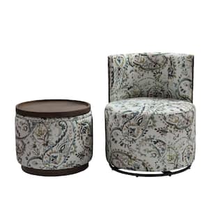 Edurne Floral Fabric Barrel Chair with Ottoman Removable Tray Top-SAGE