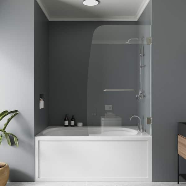 ES-DIY 34 in. W x 58 in. H Pivot Hinged Frameless Tub Door in Brushed Nickel with 5/16 in. Tempered Clear Glass