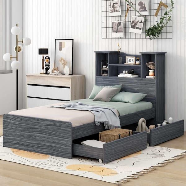 Gray Wood Frame Twin Size Platform Bed with 4-Open Storage Shelves and 2-Storage Drawers, LED Light