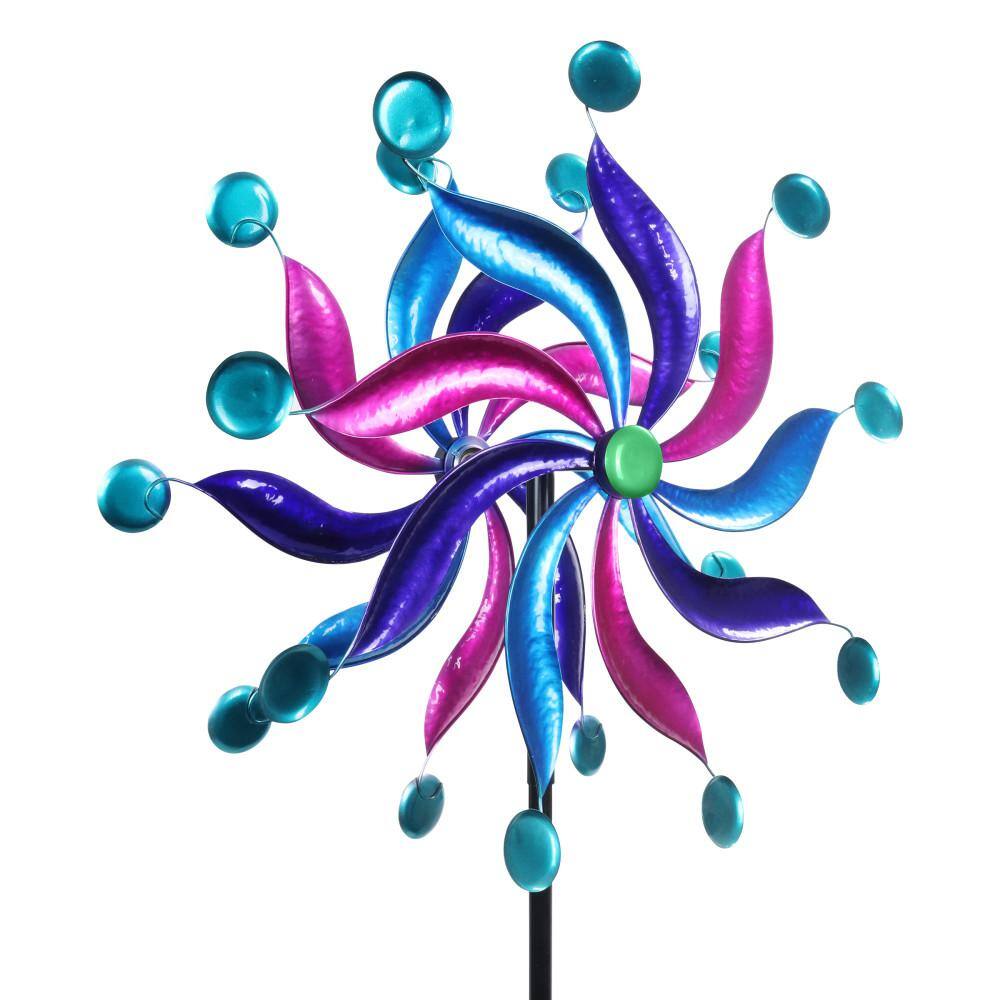 Pink and Blue Metal Double Pinwheel Spinner Garden Stake