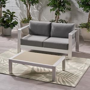 Bayport Silver 2-Piece Aluminum Outdoor Patio Conversation Set with Grey Cushions