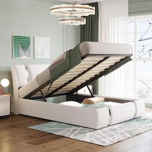 White Wood Frame Full Size Upholstered Platform Bed with Hydraulic Storage System