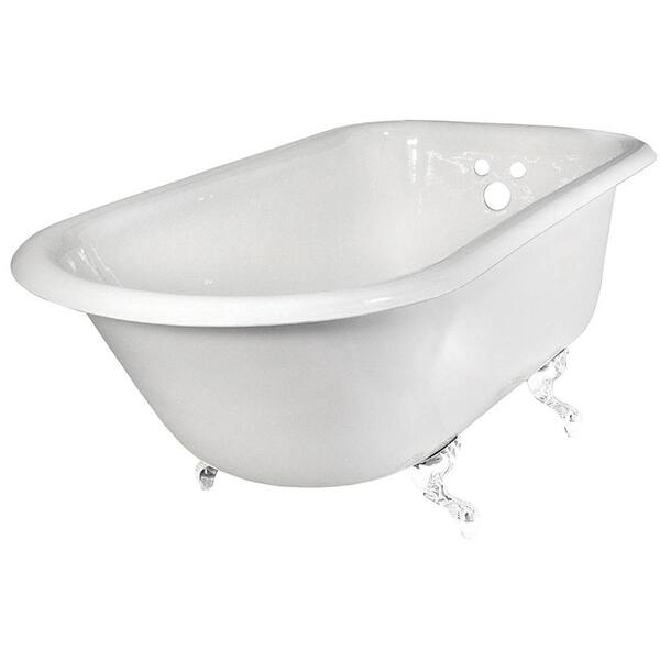 Elizabethan Classics 54 in. Roll Top Cast Iron Tub Wall Faucet Holes in White with Ball and Claw Feet in White