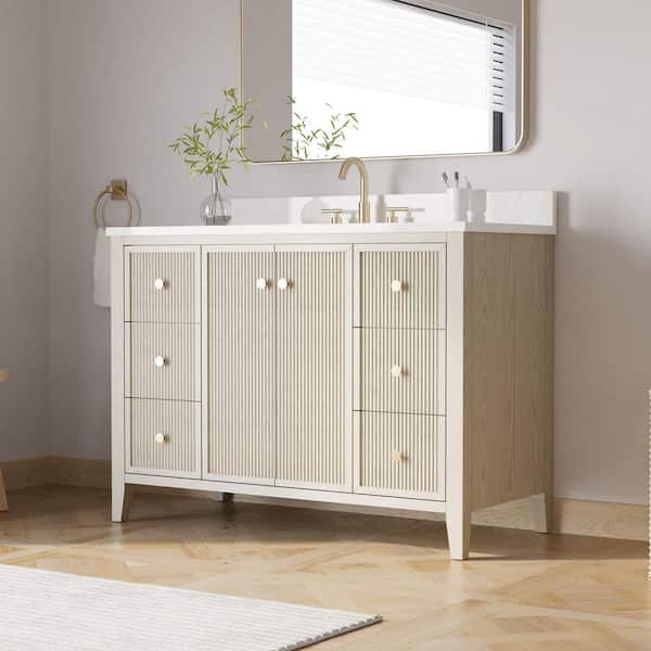 48 in. Ash Freestanding Bath Vanity with White Quartz Top, 4 in. Backsplash, Soft Close Blum Hinge, Fully Assembled