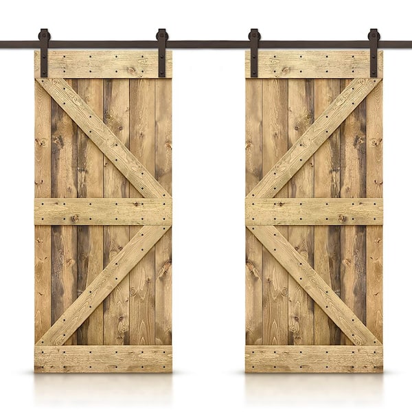 CALHOME K 52 in. x 84 in. Weather Oak Stained DIY Solid Pine Wood Interior Double Sliding Barn Door with Hardware Kit