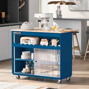 Blue Rubber Wood 44.02 in. Kitchen Island with Power Outlets, 2 Sliding Fluted Glass Doors, 2 Cabinet and 1 open Shelf