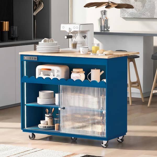 Blue Rubber Wood 44.02 in. Kitchen Island with Power Outlets, 2 Sliding ...