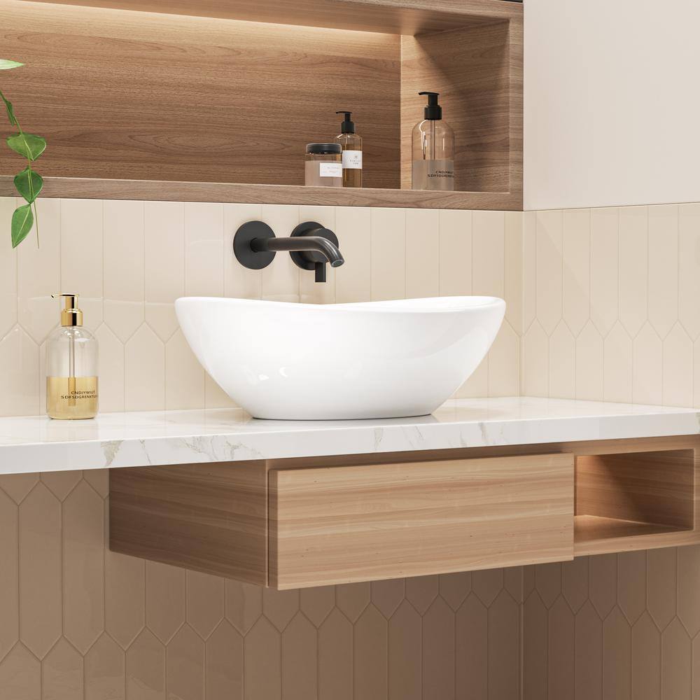 White Polished Ceramic Oval Above-Counter Vessel Sink