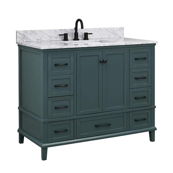 Home Decorators Collection Merryfield 43 in. W x 22 in. D x 35 in. H Freestanding Bath Vanity in Dark Blue-Gray with Carrara White Marble Top