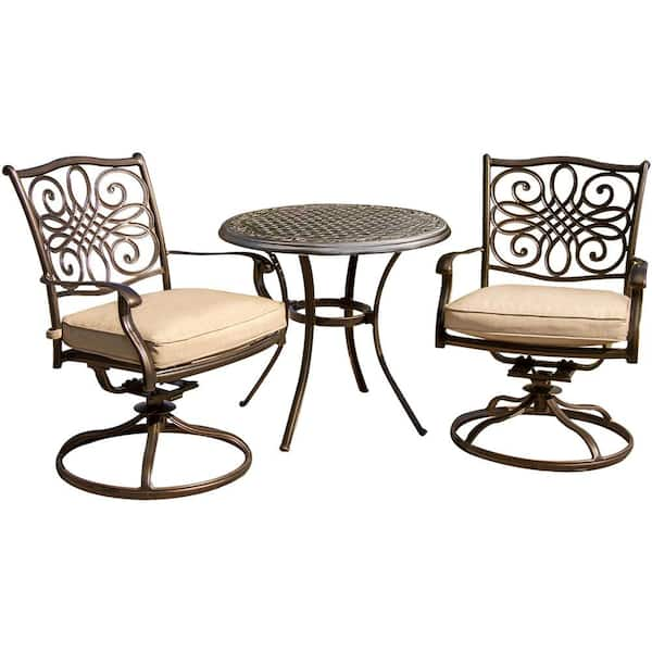 Seasons 3-Piece Aluminum Outdoor Bistro Set with Swivel Rockers, Table with Tan Cushions