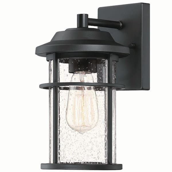1-Light Matte Black Clear seeded Glass Shade Hardwired Outdoor Wall Lantern Sconce