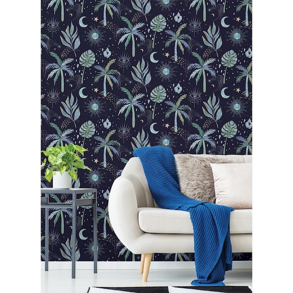 EttaVee Blue Nuit Tropicale Matte Vinyl Peel and Stick Wallpaper 30.75 sq. ft.