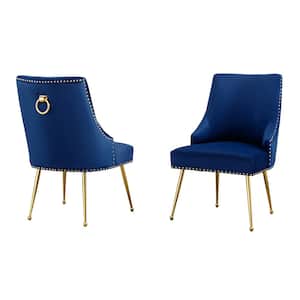 Monica Navy Blue Velvet Fabric Gold Chrome Iron Legs Side Chair (2-Chairs Included)