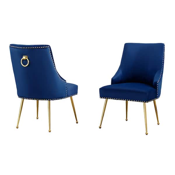 Best Quality Furniture Monica Navy Blue Velvet Fabric Gold Chrome Iron Legs Side Chair (2-Chairs Included)
