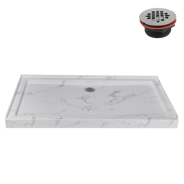 60 in. x 36 in. Alcove Acrylic Shower Pan Base in Matte Marble with Center Drain Included