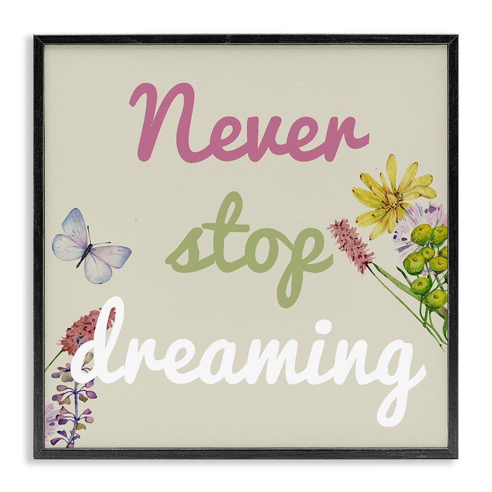 Never Stop Dreaming with Florals by Kim Allen Black Framed Typography Giclee Art Print 12 in. x 12 in. price history on PriceWatchPro