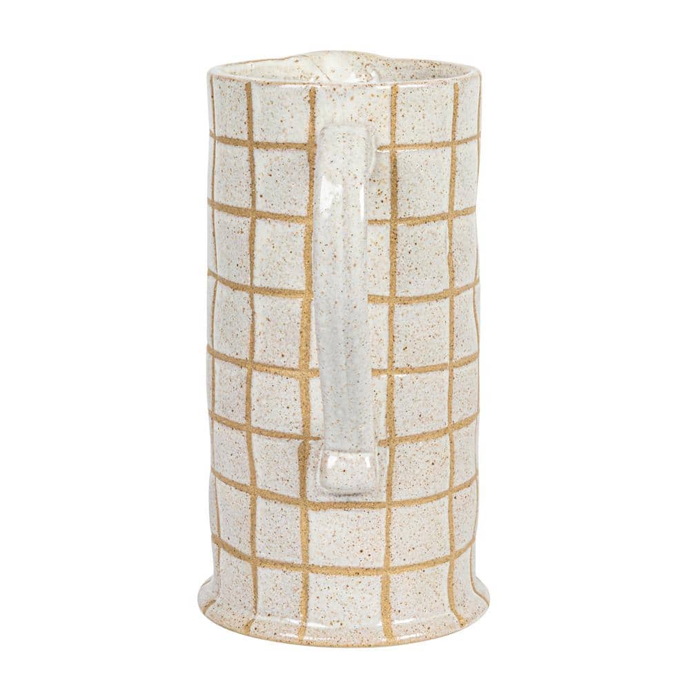 Cream and Brown Stoneware Pitcher with Wax Relief Grid Pattern