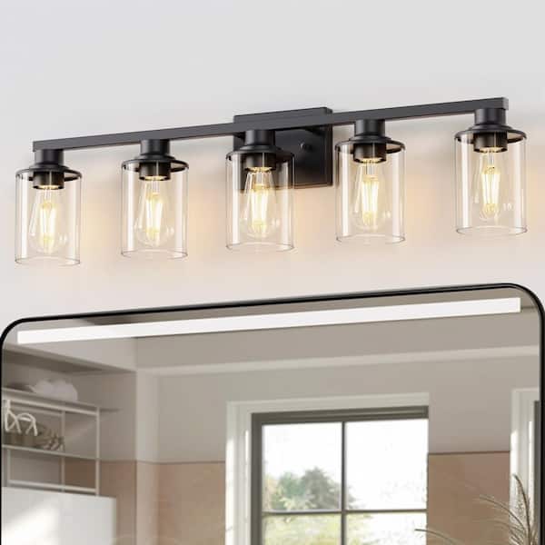 33 in. 5-Light Modern Matte Black and Gold Bathroom Vanity Light with Clear Glass Shades for Large Mirrors, Bedroom
