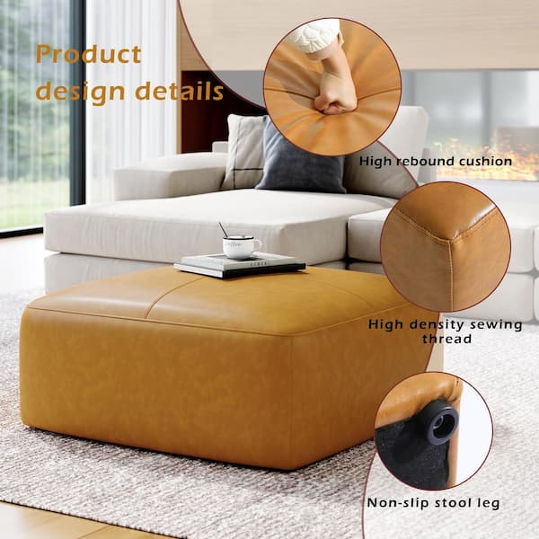 35 in. Wide Mid-Century Brown Genuine Leather Square Ottoman (Set of 1)