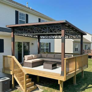 12 ft. x 14 ft. Outdoor Hardtop Gazebo with Wood Frame and Galvanized Steel Roof, Patio Pavilion with Curtains