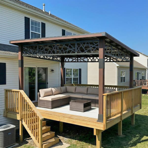 12 ft. x 14 ft. Outdoor Hardtop Gazebo with Wood Frame and Galvanized Steel Roof, Patio Pavilion with Curtains