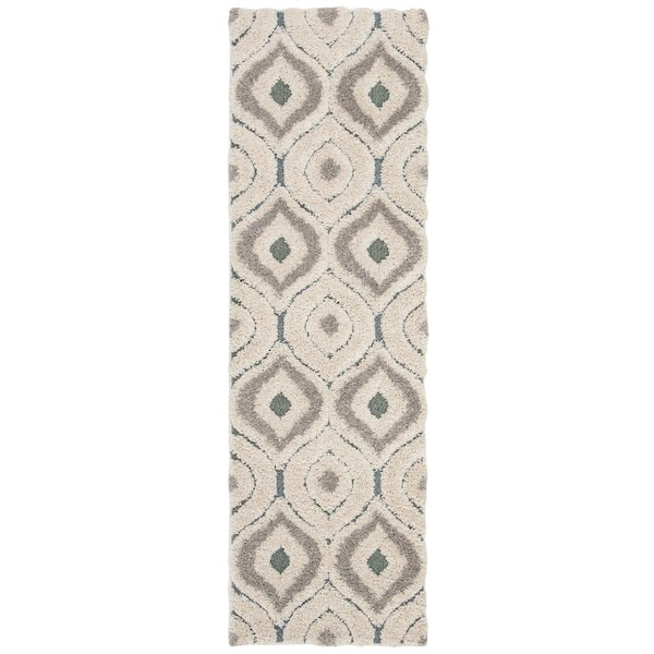 Florida Shag Cream/Light Blue 2 ft. x 7 ft. Geometric Runner Rug