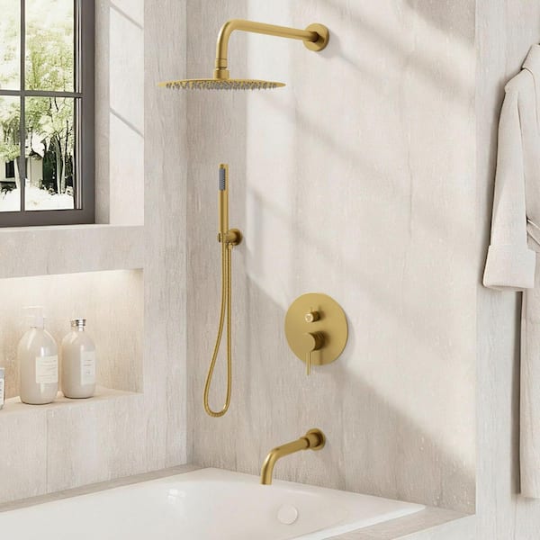 Double Handles 3-Spray 2.5 GPM Wall Mount 10 in. Shower Head Tub and Shower Faucet in Brushed Gold (Valve Included)