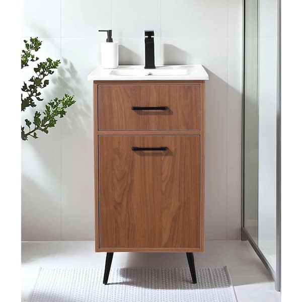 18 in. W Mini Freestanding Walnut Bath Vanity with White Ceramic Sink Top