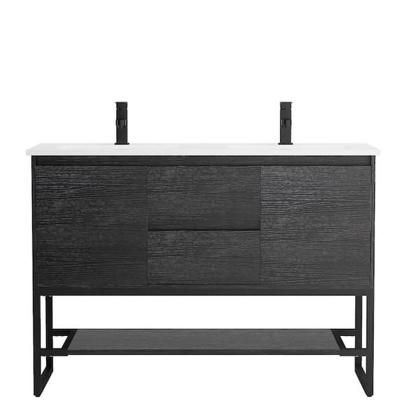 48 in. W x 18.1 in. D x 34 in. H Double Sink Freestanding Bath Vanity Cabinet in Black with White Resin Top