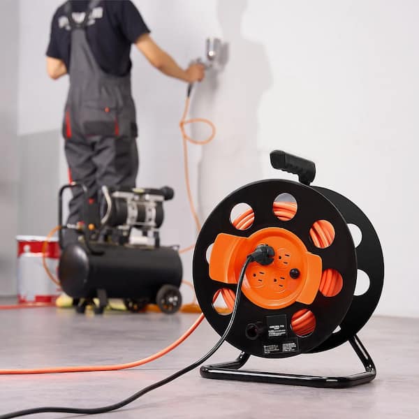 Extension Cord Reel 100 ft.14/3 15 Amp Extension Cord Reel with 4 Outlets and Dust Cover Heavy Duty SJTOW Power Cord