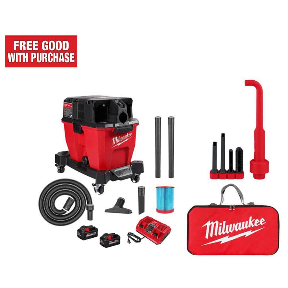 Milwaukee M18 FUEL 9 Gal. Cordless Dual-Battery Wet/Dry Shop Vacuum Kit w/AIR-TIP 1-1/4 in. - 2-1/2 in. Right Angle Tool and Bag, Reds/Pinks -  0920-22HD-2619