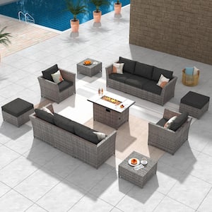 Bexley Gray 13-Piece Wicker Patio Rectangle Fire Pit Conversation Seating Set with Black Cushions