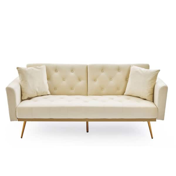 URTR 32 in. W Square Arm Sofa Velvet Upholstery Sofa Modern Straight Folding Living Room Sofa Bed with 2-Pillows in Beige