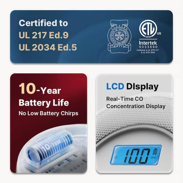 10-Year Battery Smoke and CO Alarm with LCD Display and LED Light 4 Pack SC07