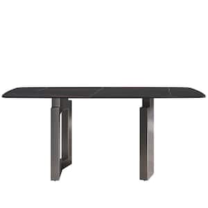 70.87 in. Rectangle Black Round Edge Sintered Stone Top 2-Grey Titanium Metal Double Pedestal Dining Table (Seats-6)