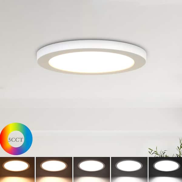 12-Watt Integrated LED Round Dimmable Flat Panel with 5CCT, 7.1 in. White Damp-Rated Flush Mount for Bath Garage Closet