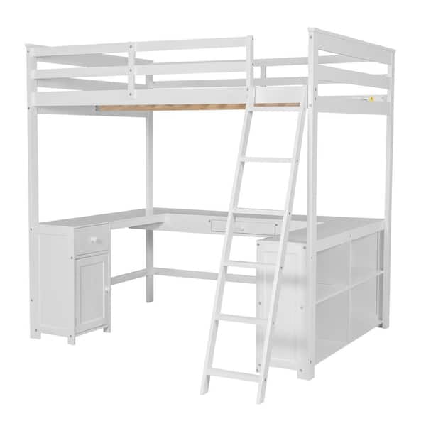 Full Size Loft Bed with U-shaped Desk, Drawers and Storage Shelves, White