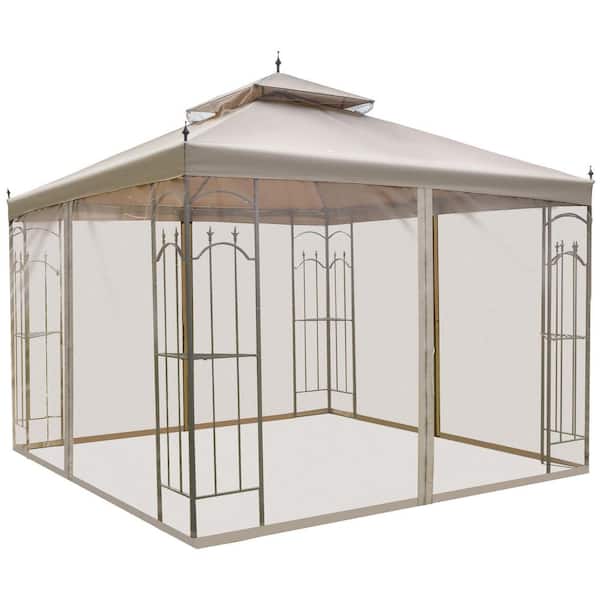 Outsunny 10 ft x 10 ft Brown Outdoor Patio Gazebo Canopy with Removable Mesh Curtains & Display Shelves