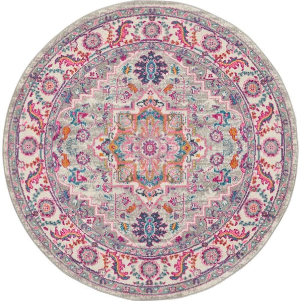 Nourison Passion Light Grey/Pink 4 ft. x 4 ft. Persian Medallion Transitional Round Area Rug