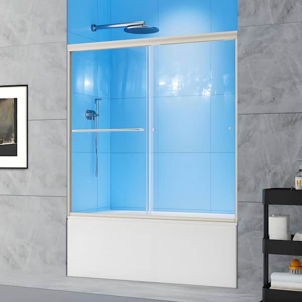 Lonni 56 in. to 60 in. W x 58 in. Sliding H Semi-Frameless Bathtub Door in Brushed Nickel Finish w/ 1/4 in.(6 mm) Clear Glass