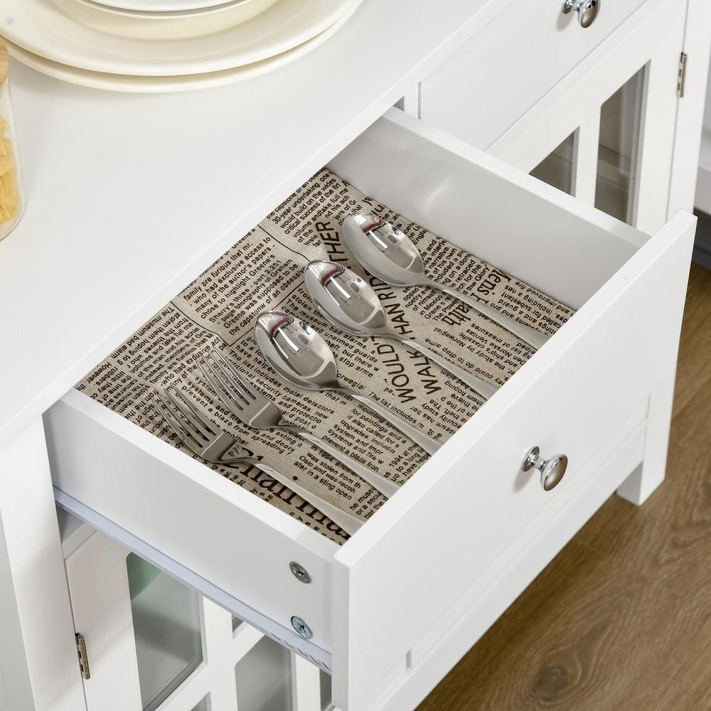 Modern White Sideboard Buffet with Glass Doors and Drawers
