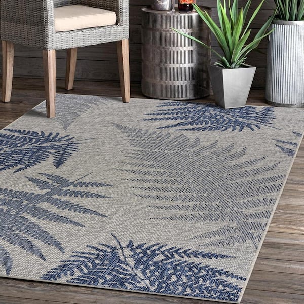 Botanical Navy Blue/Gray 7 ft. 10 in. x 9 ft. 10 in. Botanical Fallen Fern Polypropylene Indoor/Outdoor Area Rug