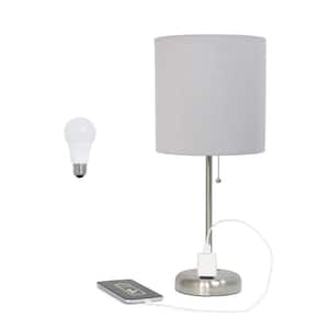 Oslo 19.5 in. Contemporary Bedside Power Outlet Base Metal Table Lamp in Brushed Steel, Gray Shade, with LED Bulb