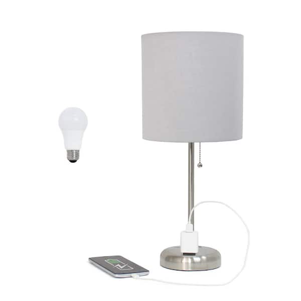 Creekwood home Oslo 19.5 in. Contemporary Bedside Power Outlet Base Metal Table Lamp in Brushed Steel, Gray Shade, with LED Bulb