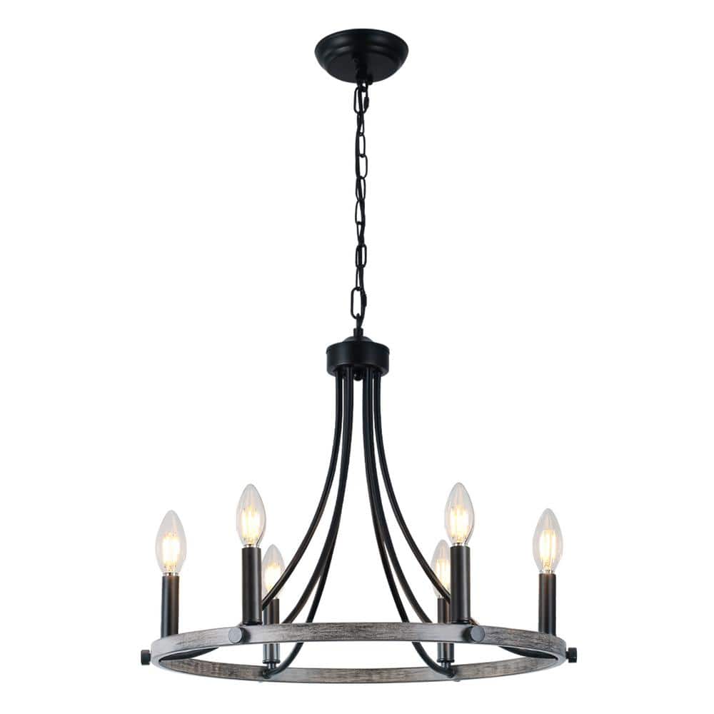 6-Light Black and Imitation Wood Grain Farmhouse Wagon Wheel Chandelier Lig