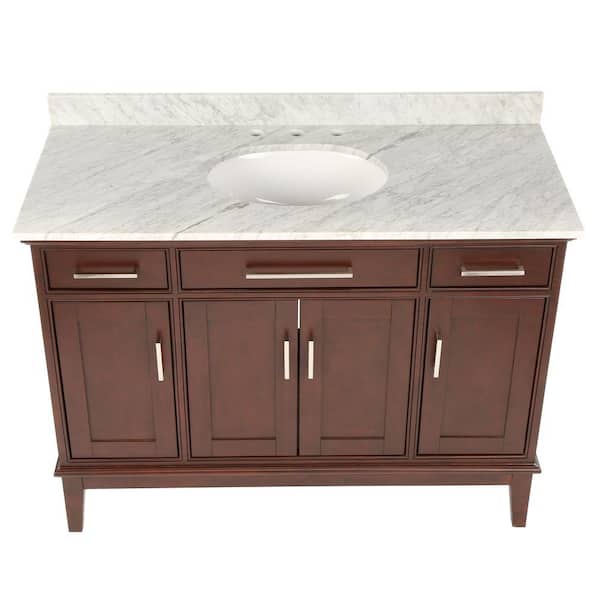 Wyndham Collection Hatton 48 in. Vanity in Dark Chestnut with Marble Vanity Top in Carrara White and Oval Sink